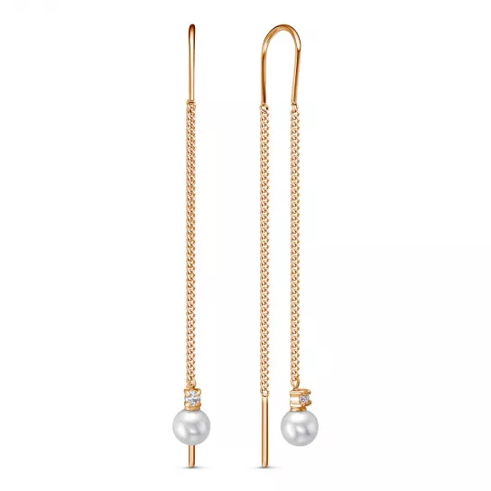 Серьги-продевки с жемчугом и фианитом из золота