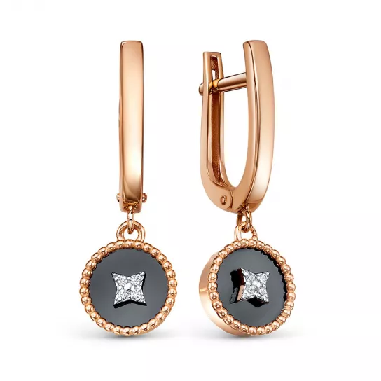 Серьги с фианитом и ониксом из золота